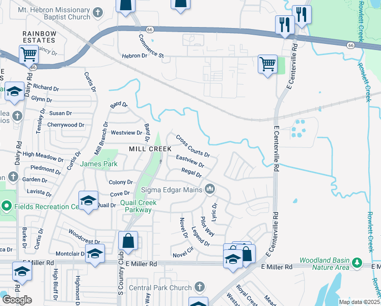 map of restaurants, bars, coffee shops, grocery stores, and more near 1441 Cross Courts Drive in Garland