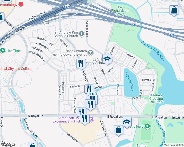 map of restaurants, bars, coffee shops, grocery stores, and more near 1 Fuente in Irving