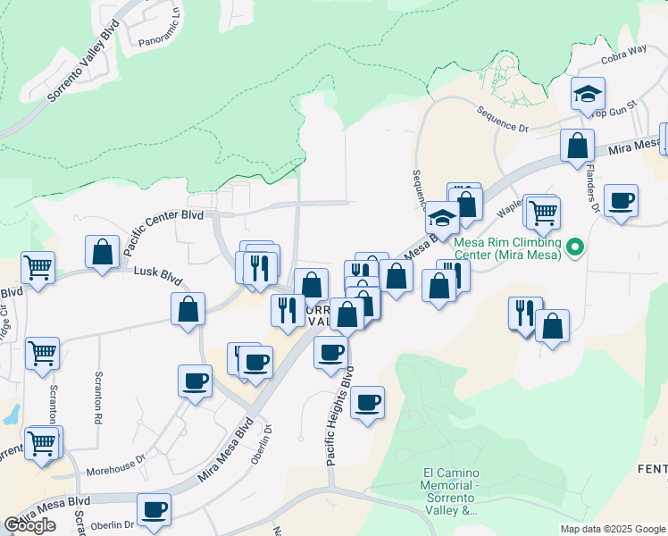 map of restaurants, bars, coffee shops, grocery stores, and more near 5995 Pacific Mesa Court in San Diego