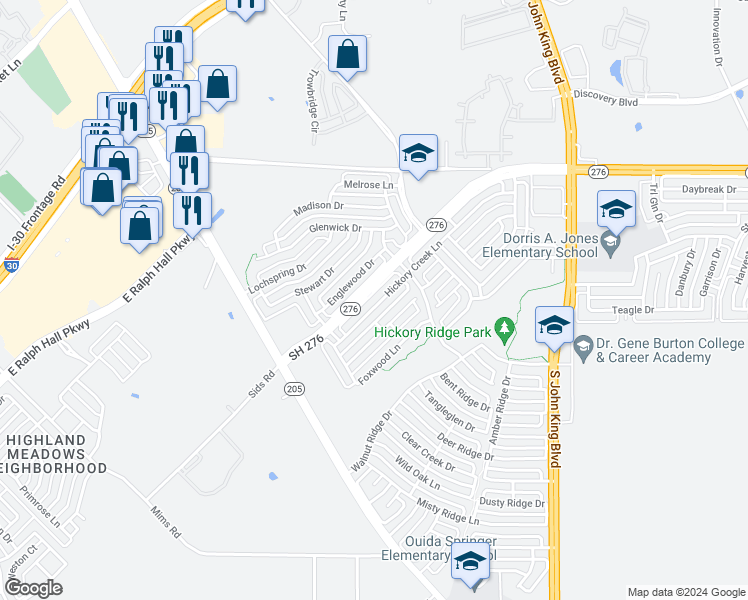 map of restaurants, bars, coffee shops, grocery stores, and more near 1476 Hickory Creek Lane in Rockwall