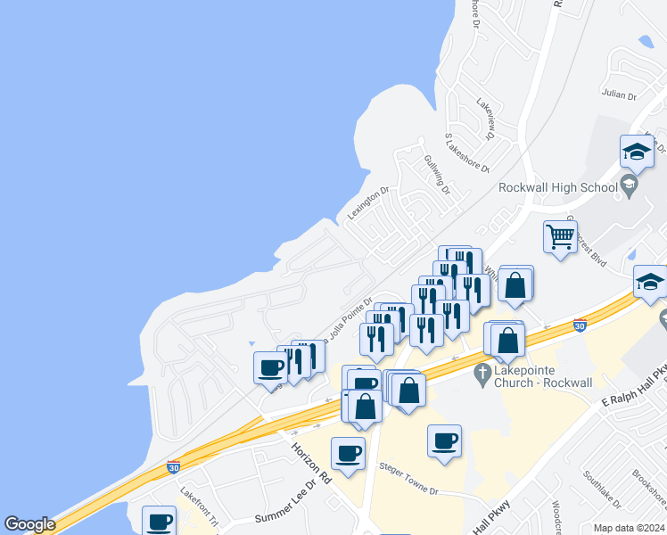 map of restaurants, bars, coffee shops, grocery stores, and more near 3109 Lakeside Drive in Rockwall