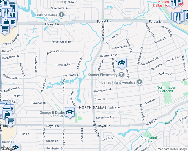 map of restaurants, bars, coffee shops, grocery stores, and more near 11325 Chicot Drive in Dallas
