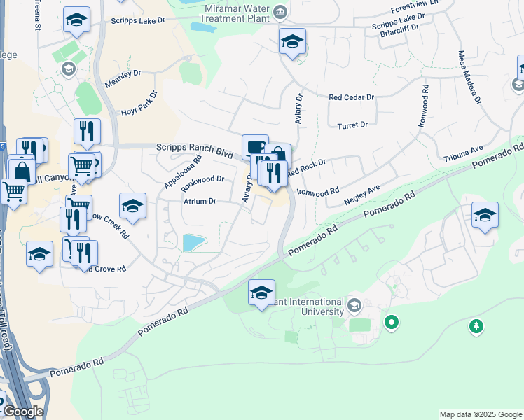map of restaurants, bars, coffee shops, grocery stores, and more near 9905 Aviary Drive in San Diego