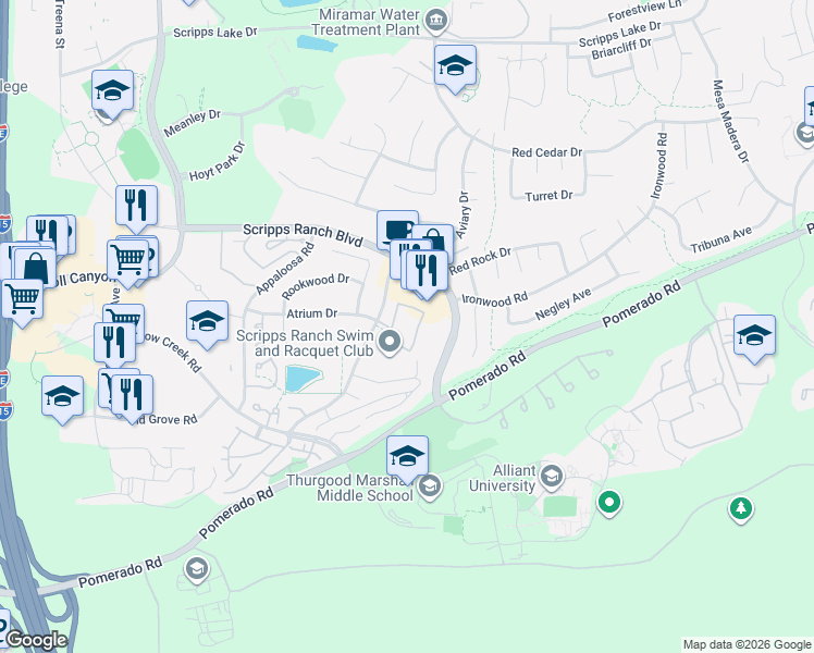 map of restaurants, bars, coffee shops, grocery stores, and more near 9917 Aviary Drive in San Diego