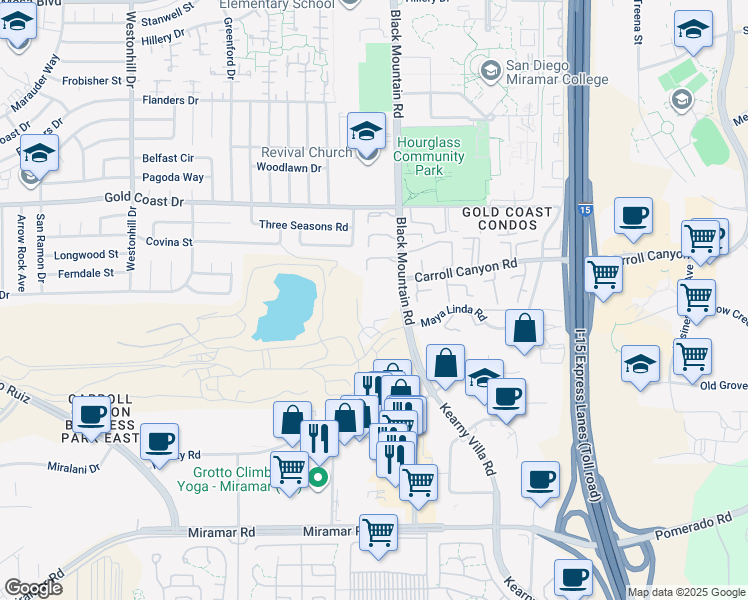 map of restaurants, bars, coffee shops, grocery stores, and more near 10172 Black Mountain Road in San Diego