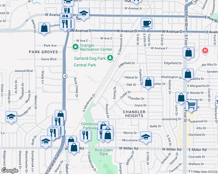 map of restaurants, bars, coffee shops, grocery stores, and more near 1108 Edgefield Drive in Garland