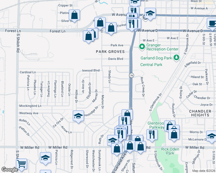 map of restaurants, bars, coffee shops, grocery stores, and more near 1214 Marion Drive in Garland