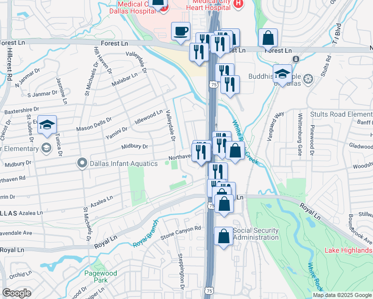 map of restaurants, bars, coffee shops, grocery stores, and more near 11231 Park Central Place in Dallas