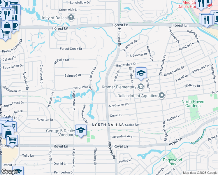 map of restaurants, bars, coffee shops, grocery stores, and more near 11325 Chicot Drive in Dallas