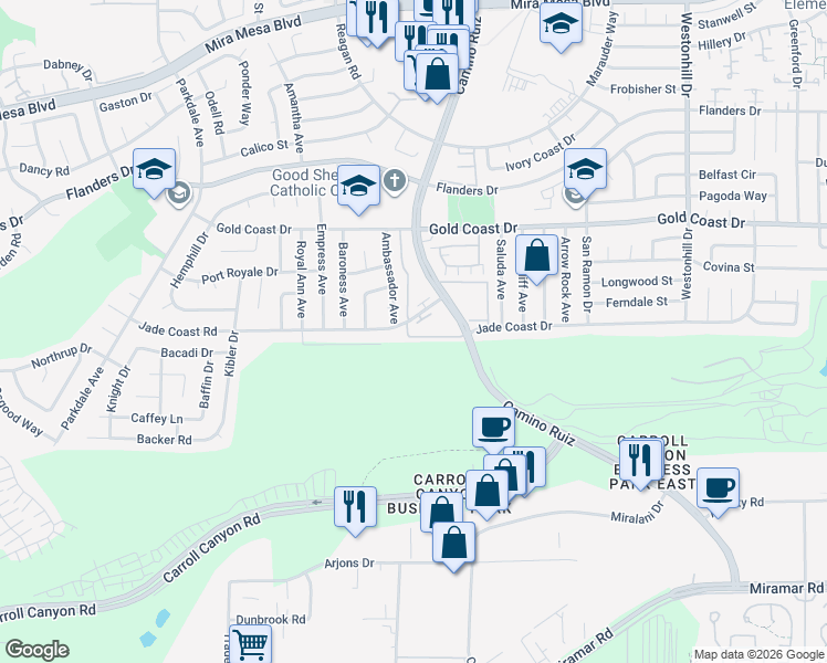 map of restaurants, bars, coffee shops, grocery stores, and more near 8215 Jade Coast Road in San Diego