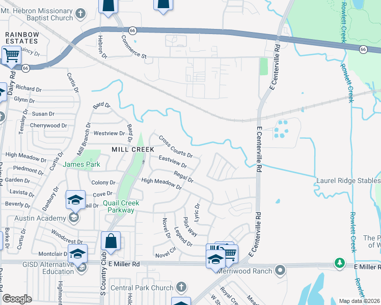 map of restaurants, bars, coffee shops, grocery stores, and more near 1529 Cross Courts Drive in Garland