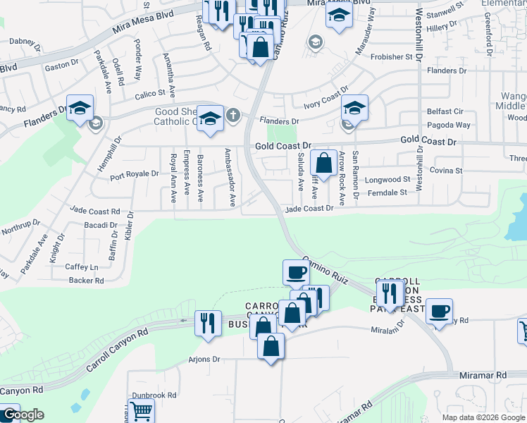 map of restaurants, bars, coffee shops, grocery stores, and more near 8231 Jade Coast Road in San Diego