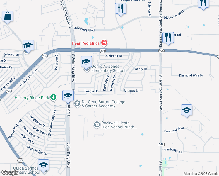 map of restaurants, bars, coffee shops, grocery stores, and more near 2161 Garrison Drive in Rockwall