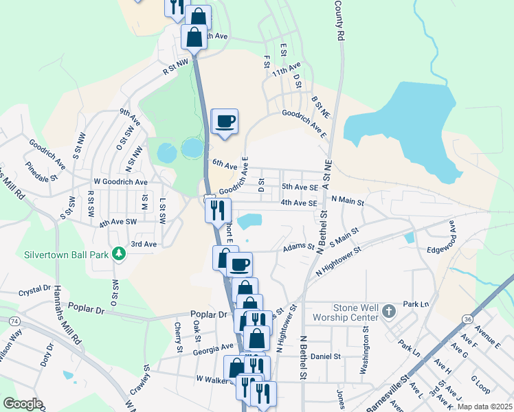 map of restaurants, bars, coffee shops, grocery stores, and more near 216 4th Avenue Southeast in Thomaston
