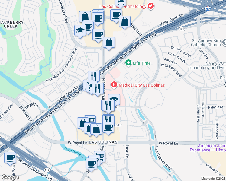 map of restaurants, bars, coffee shops, grocery stores, and more near 6800 North MacArthur Boulevard in Irving