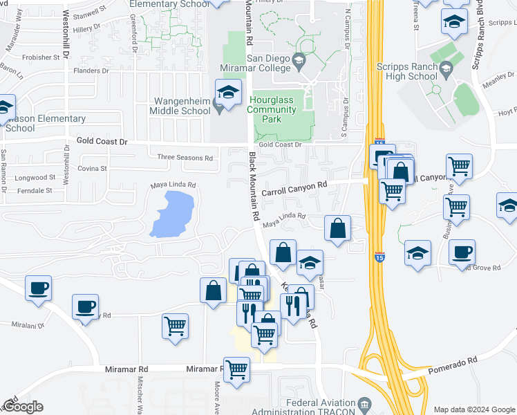 map of restaurants, bars, coffee shops, grocery stores, and more near 10136 Caminito Mulege in San Diego