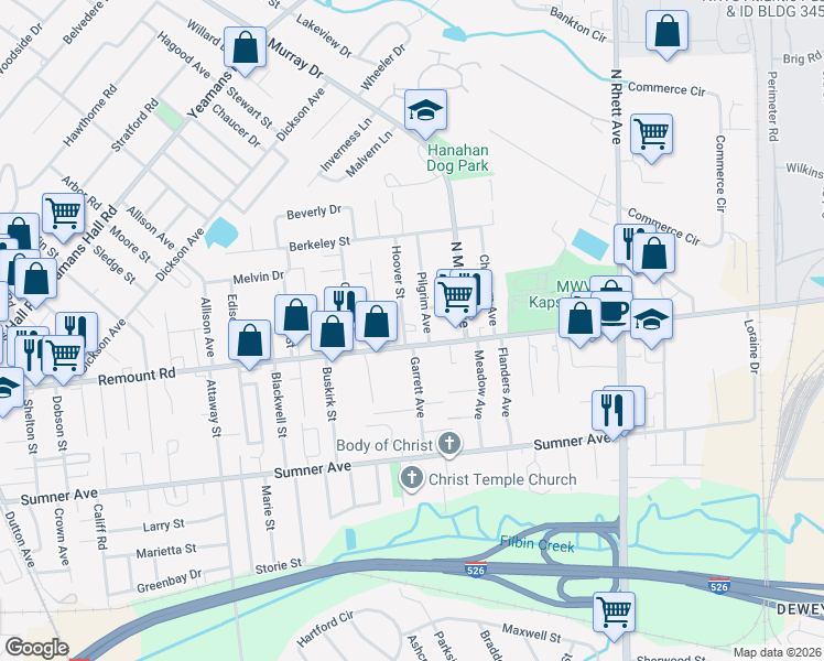 map of restaurants, bars, coffee shops, grocery stores, and more near 5729 Pilgrim Avenue in North Charleston