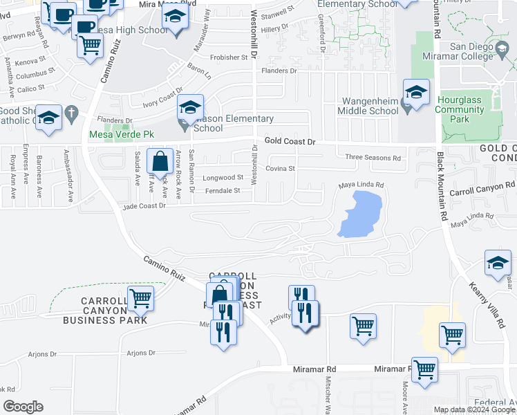 map of restaurants, bars, coffee shops, grocery stores, and more near 8788 Jade Coast Drive in San Diego