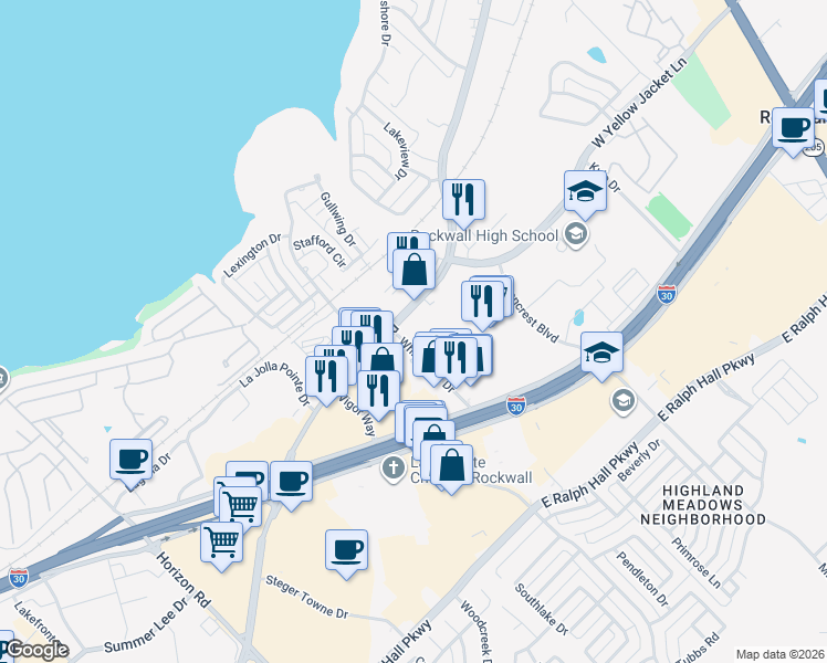 map of restaurants, bars, coffee shops, grocery stores, and more near 2251 Ridge Road in Rockwall