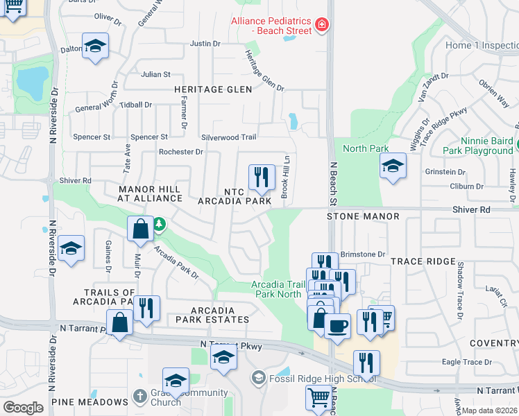map of restaurants, bars, coffee shops, grocery stores, and more near 4225 Enchanted Rock Lane in Fort Worth