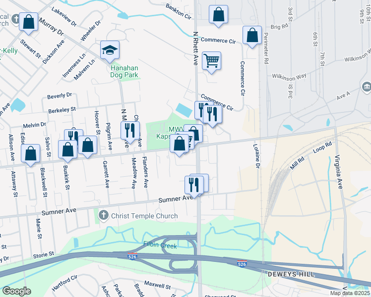 map of restaurants, bars, coffee shops, grocery stores, and more near 1213 Remount Road in Charleston