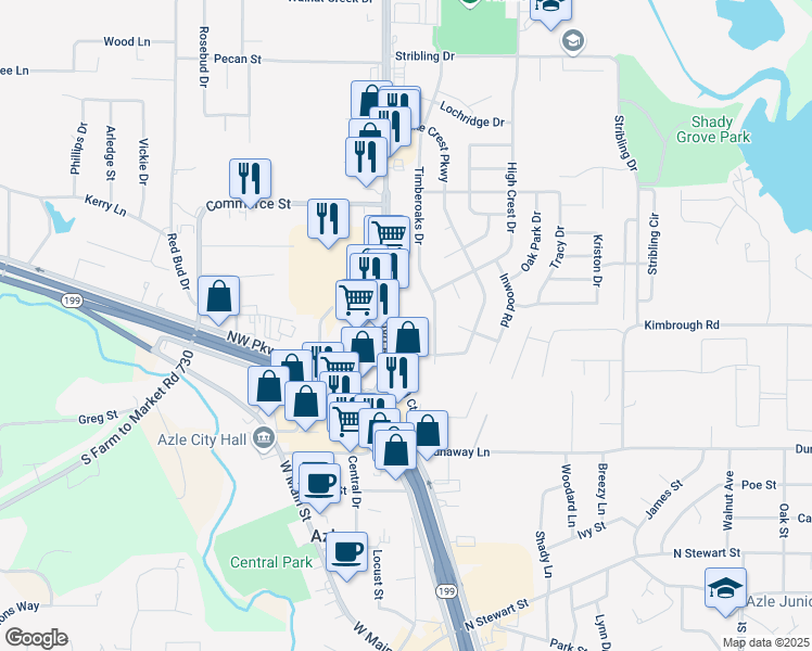 map of restaurants, bars, coffee shops, grocery stores, and more near 624 Boyd Road in Azle