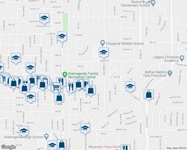 map of restaurants, bars, coffee shops, grocery stores, and more near 1301 Fillmore Avenue in Alamogordo