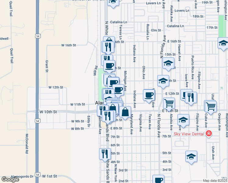 map of restaurants, bars, coffee shops, grocery stores, and more near 1200 North White Sands Boulevard in Alamogordo
