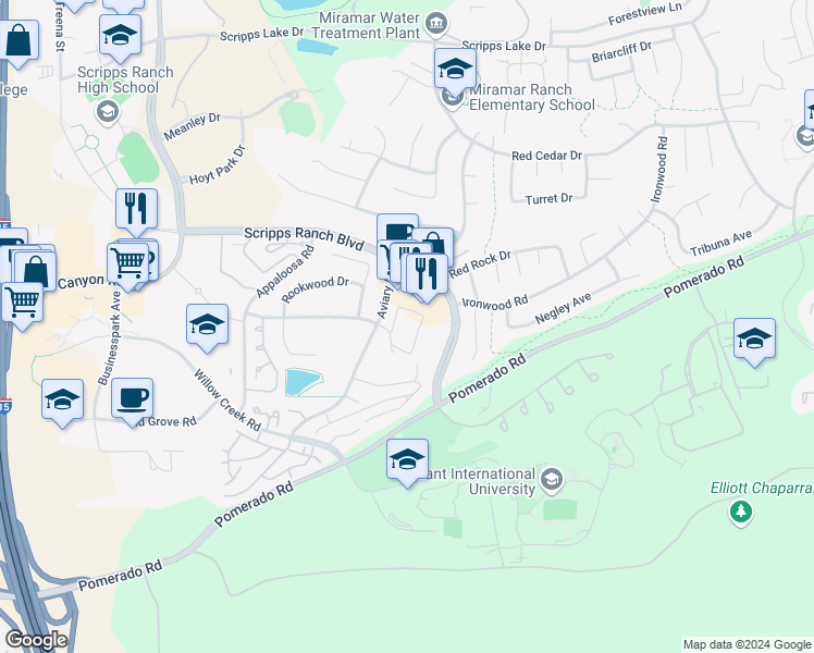 map of restaurants, bars, coffee shops, grocery stores, and more near 9905 Aviary Drive in San Diego