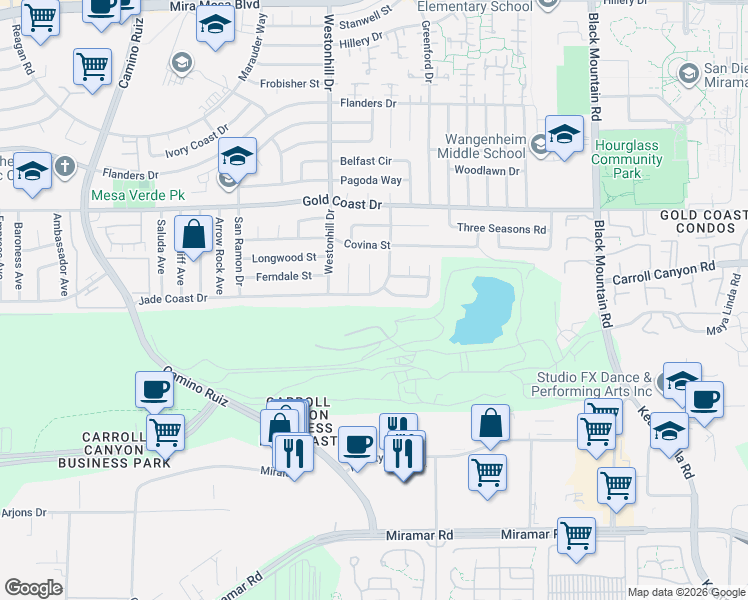 map of restaurants, bars, coffee shops, grocery stores, and more near 10159 Summerview Court in San Diego