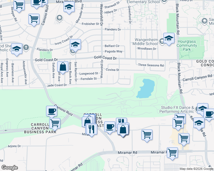 map of restaurants, bars, coffee shops, grocery stores, and more near 8788 Jade Coast Drive in San Diego