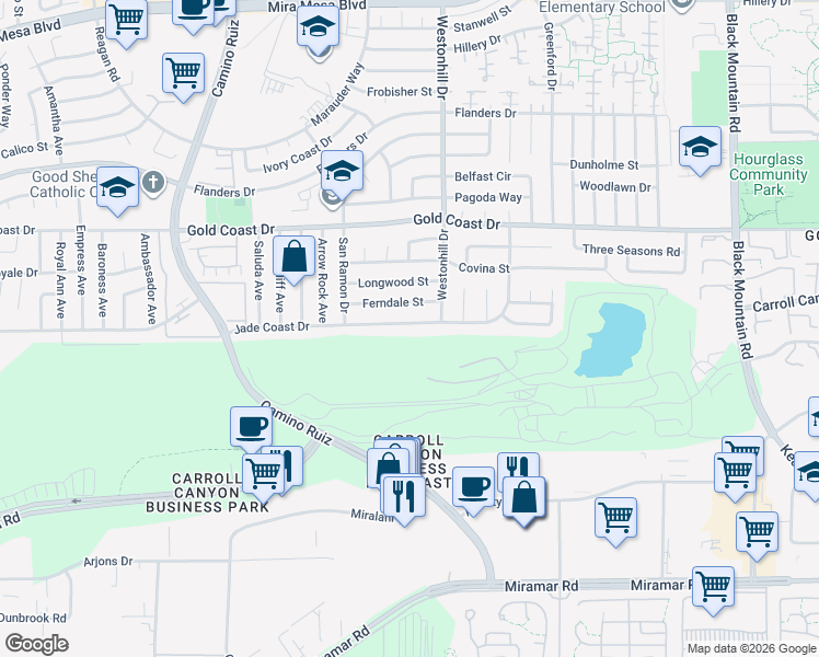 map of restaurants, bars, coffee shops, grocery stores, and more near 8708 Jade Coast Drive in San Diego