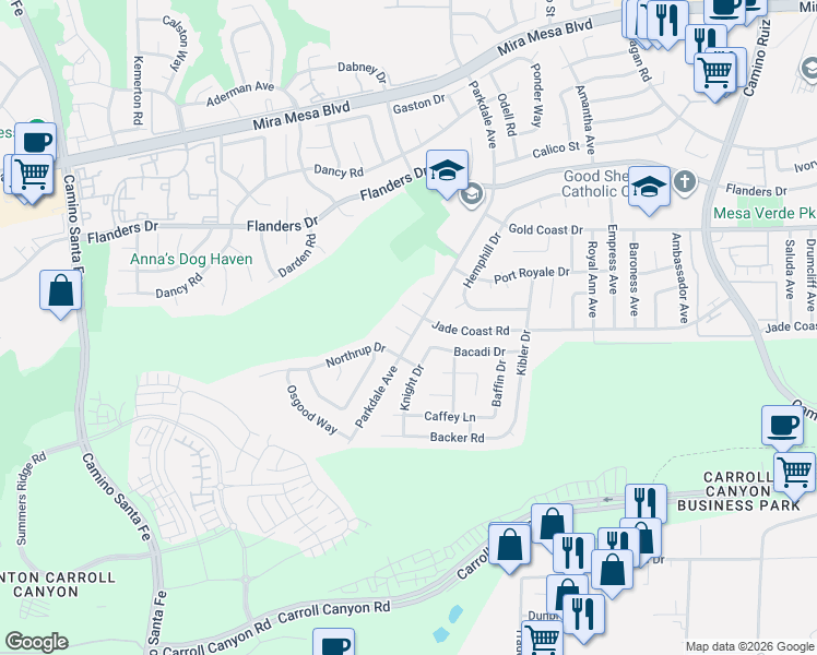 map of restaurants, bars, coffee shops, grocery stores, and more near 7689 Jade Coast Road in San Diego