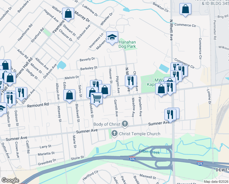 map of restaurants, bars, coffee shops, grocery stores, and more near 5729 Pilgrim Avenue in North Charleston