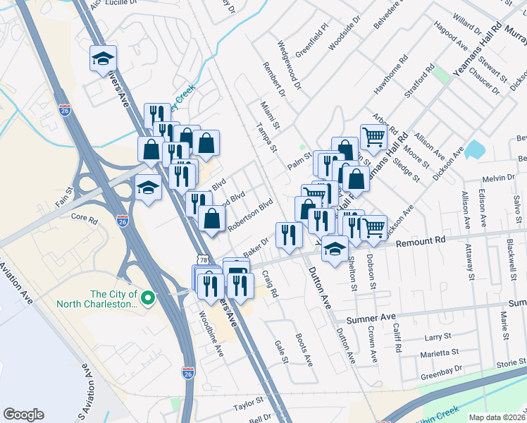 map of restaurants, bars, coffee shops, grocery stores, and more near 5835 Althea Avenue in North Charleston