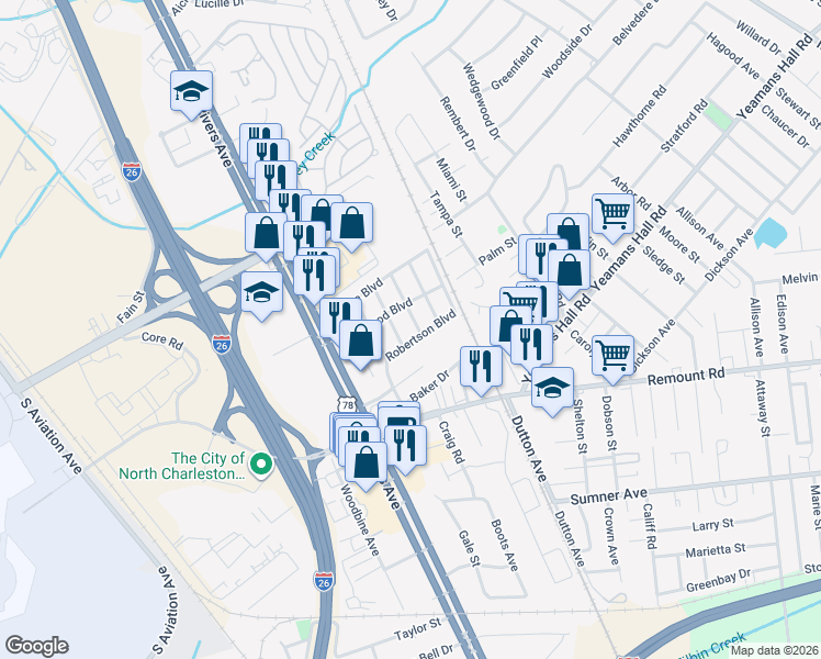 map of restaurants, bars, coffee shops, grocery stores, and more near 5838 Longleaf Avenue in North Charleston