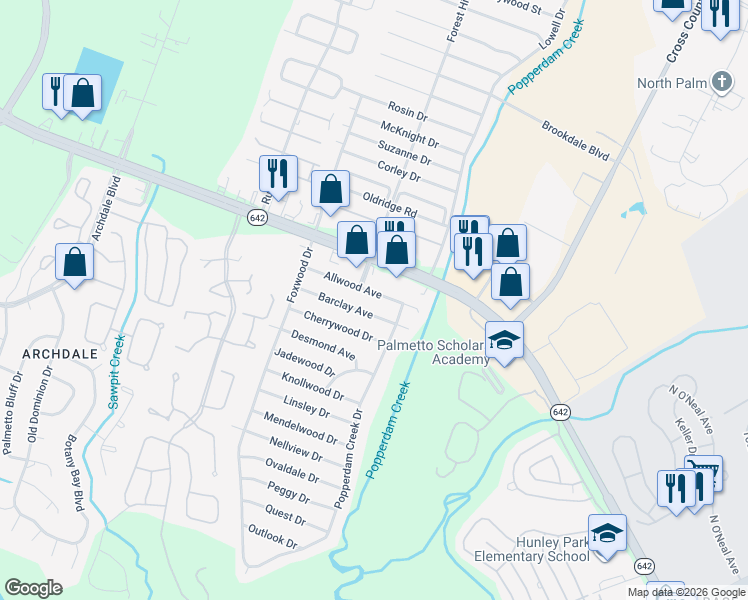 map of restaurants, bars, coffee shops, grocery stores, and more near 7679 Allwood Avenue in North Charleston