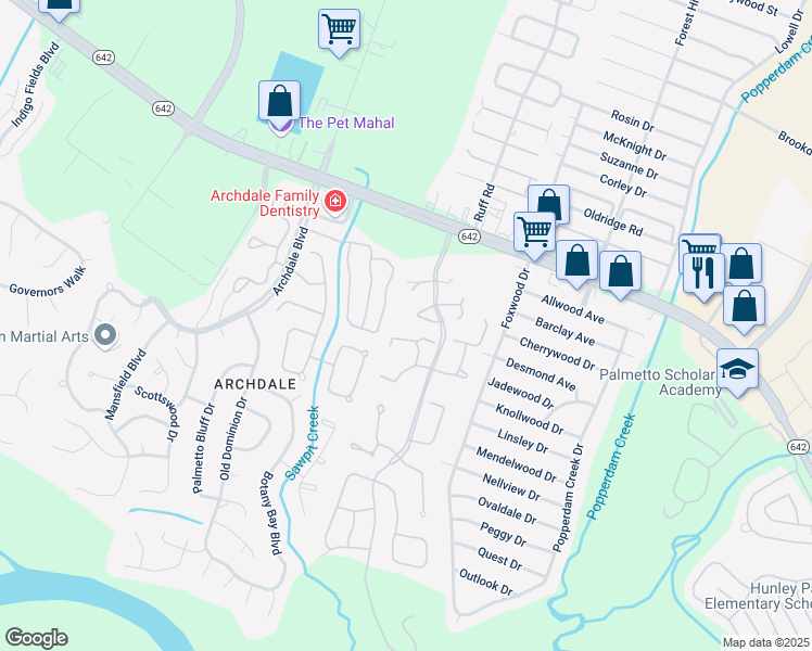 map of restaurants, bars, coffee shops, grocery stores, and more near 7950 Parklane Court in North Charleston