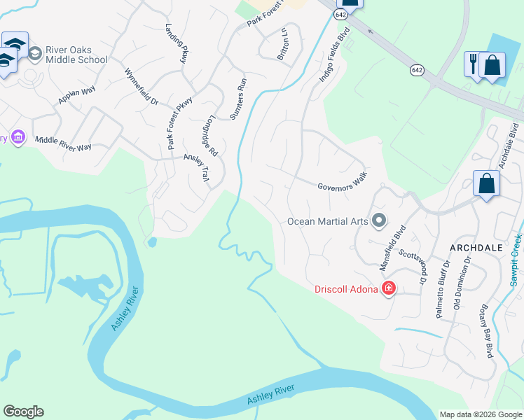 map of restaurants, bars, coffee shops, grocery stores, and more near 5505 Lachapelle Bend in North Charleston