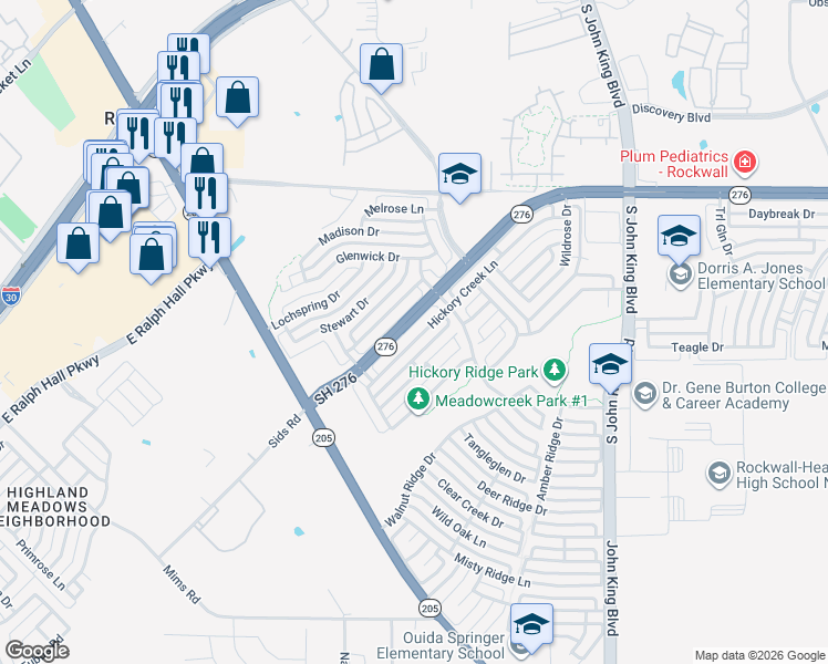 map of restaurants, bars, coffee shops, grocery stores, and more near 1488 Hickory Creek Lane in Rockwall