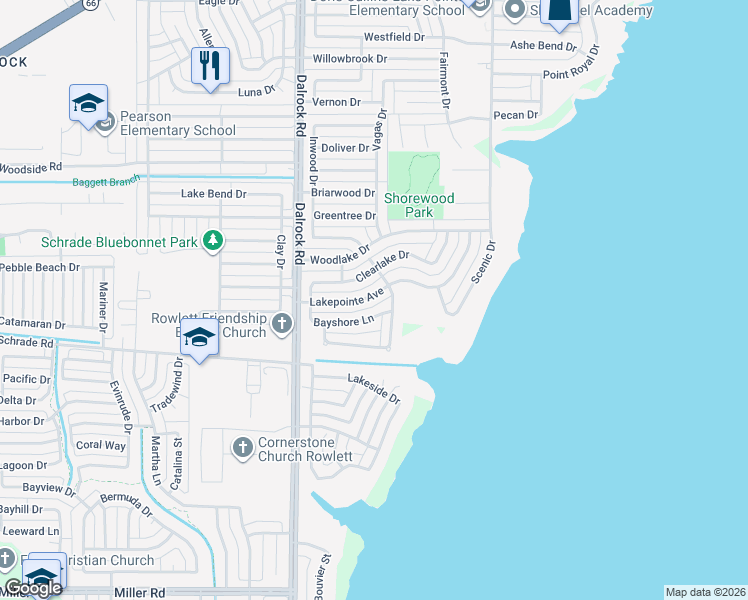 map of restaurants, bars, coffee shops, grocery stores, and more near 8913 Lakepointe Avenue in Rowlett