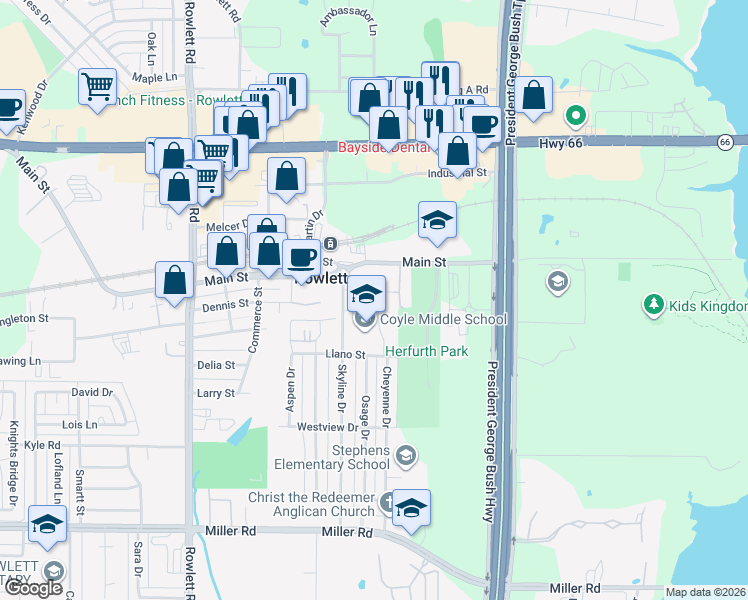 map of restaurants, bars, coffee shops, grocery stores, and more near 4305 Kirby Street in Rowlett