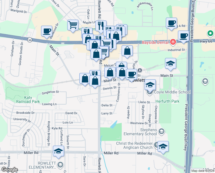 map of restaurants, bars, coffee shops, grocery stores, and more near 3522 Main Street in Rowlett