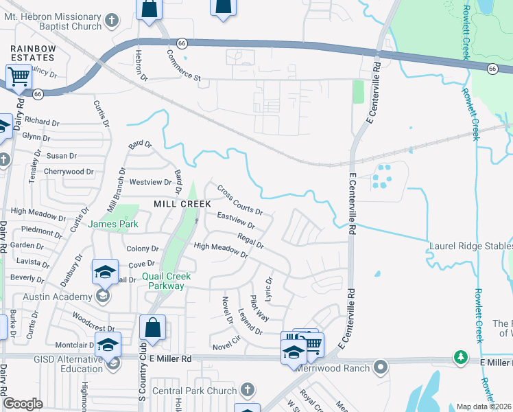 map of restaurants, bars, coffee shops, grocery stores, and more near 1529 Cross Courts Drive in Garland