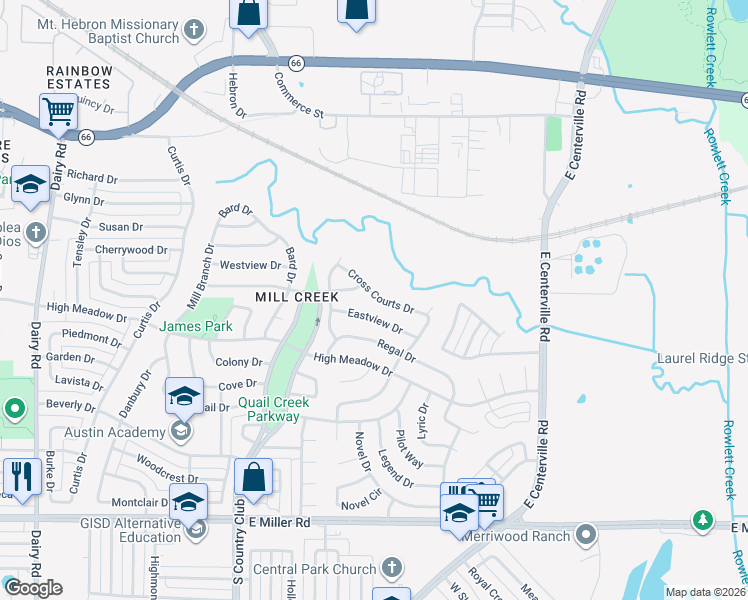 map of restaurants, bars, coffee shops, grocery stores, and more near 1441 Cross Courts Drive in Garland