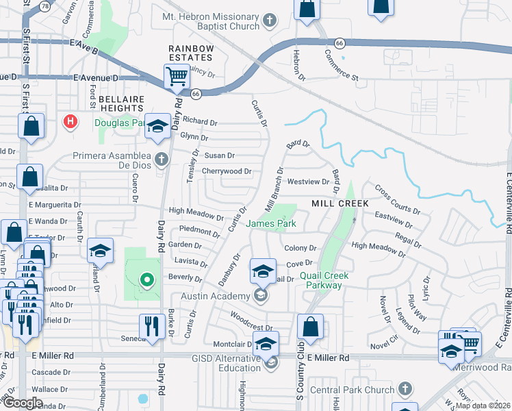 map of restaurants, bars, coffee shops, grocery stores, and more near 1109 Curtis Drive in Garland