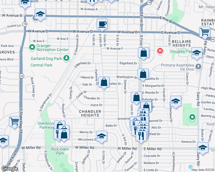 map of restaurants, bars, coffee shops, grocery stores, and more near 405 Buhler Drive in Garland