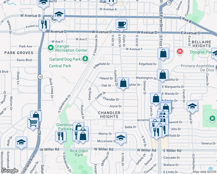map of restaurants, bars, coffee shops, grocery stores, and more near 621 Oak Street in Garland