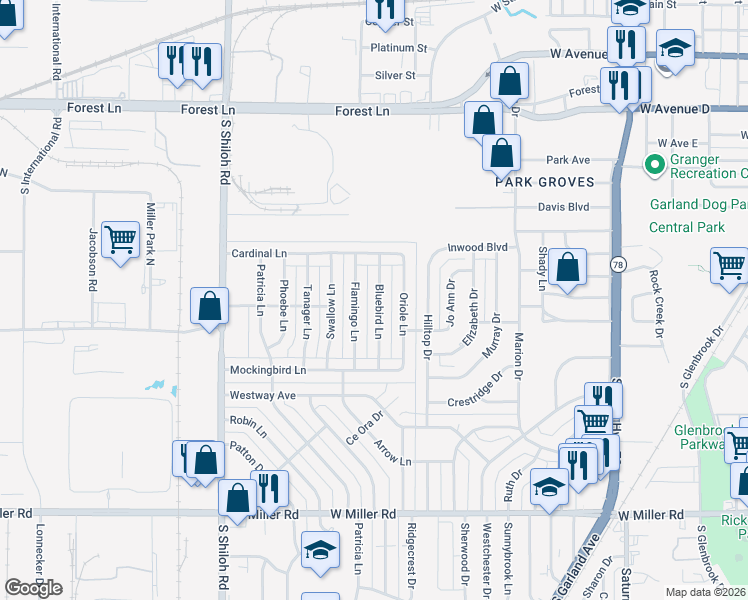 map of restaurants, bars, coffee shops, grocery stores, and more near 1226 Bluebird Lane in Garland