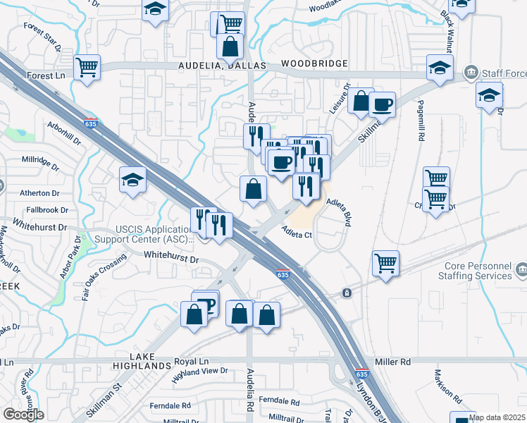 map of restaurants, bars, coffee shops, grocery stores, and more near 11470 Audelia Road in Dallas